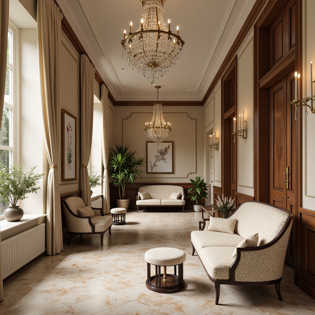 Prompt: Elegant classical interior, subtle cream accents, rich walnut wood tones, ornate gold fixtures, plush velvet upholstery, delicate lace patterns, sophisticated marble floors, warm beige walls, refined crystal chandeliers, soft natural light, gentle shadows, 1/1 composition, intimate atmosphere, realistic textures, ambient occlusion.