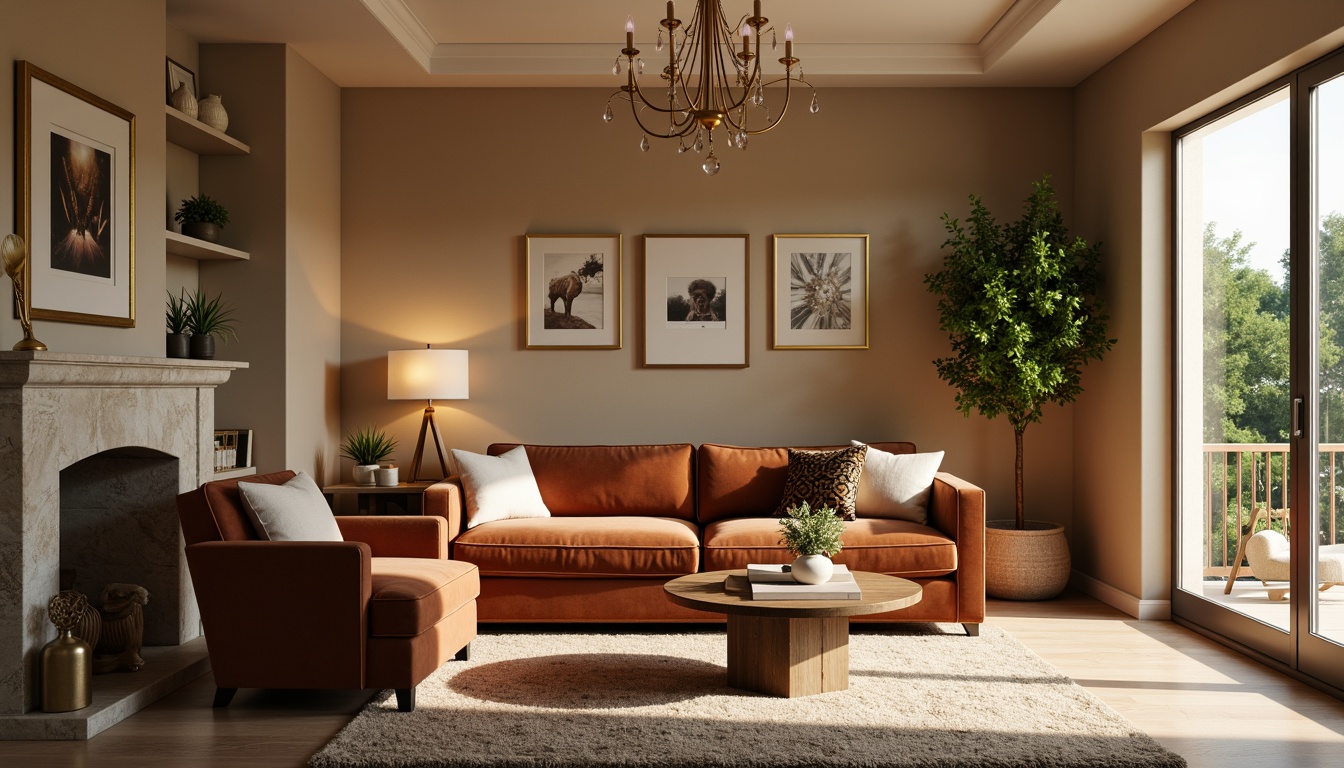 Prompt: Cozy living room, warm beige walls, plush velvet sofa, rich wood coffee table, elegant floor lamps, soft warm lighting, golden metal fixtures, delicate crystal chandeliers, textured rug, vibrant greenery, natural stone fireplace, modern minimalist decor, shallow depth of field, 1/1 composition, realistic textures, ambient occlusion.