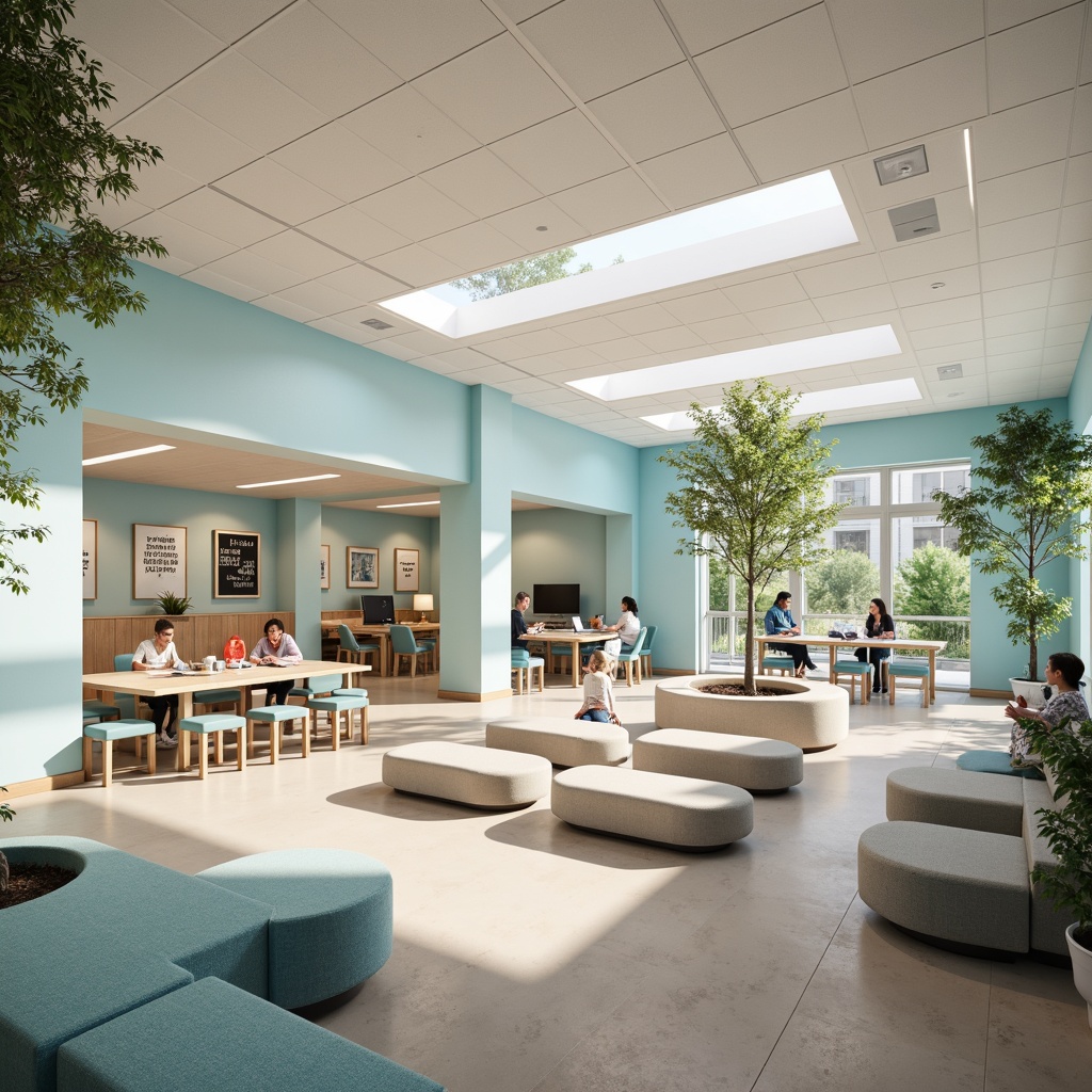 Prompt: Vibrant educational atmosphere, soft pastel hues, calming blues, creamy whites, warm wood tones, natural textiles, comfortable seating areas, collaborative learning zones, inspirational quotes, motivational posters, modern minimalist furniture, circular tables, ergonomic chairs, plenty of natural light, softbox lighting, subtle shadows, 1/1 composition, realistic renderings, ambient occlusion.