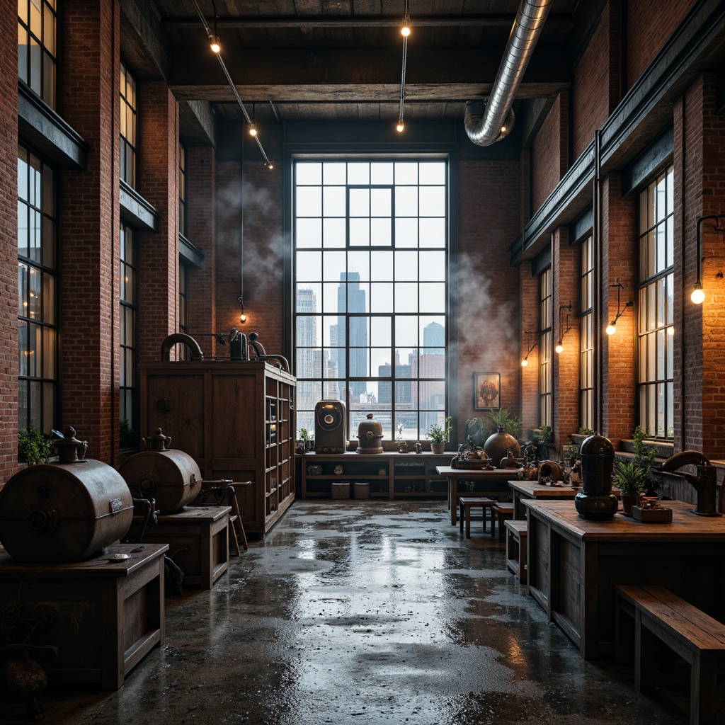 Prompt: Rustic factory setting, exposed brick walls, metal beams, reclaimed wood accents, industrial machinery, vintage manufacturing equipment, distressed concrete floors, urban cityscape, cloudy grey sky, dramatic high ceiling, large windows, steel frames, functional pipes, Edison bulb lighting, rough textures, muted color palette, atmospheric mist, shallow depth of field, 1/2 composition, cinematic view, realistic reflections.