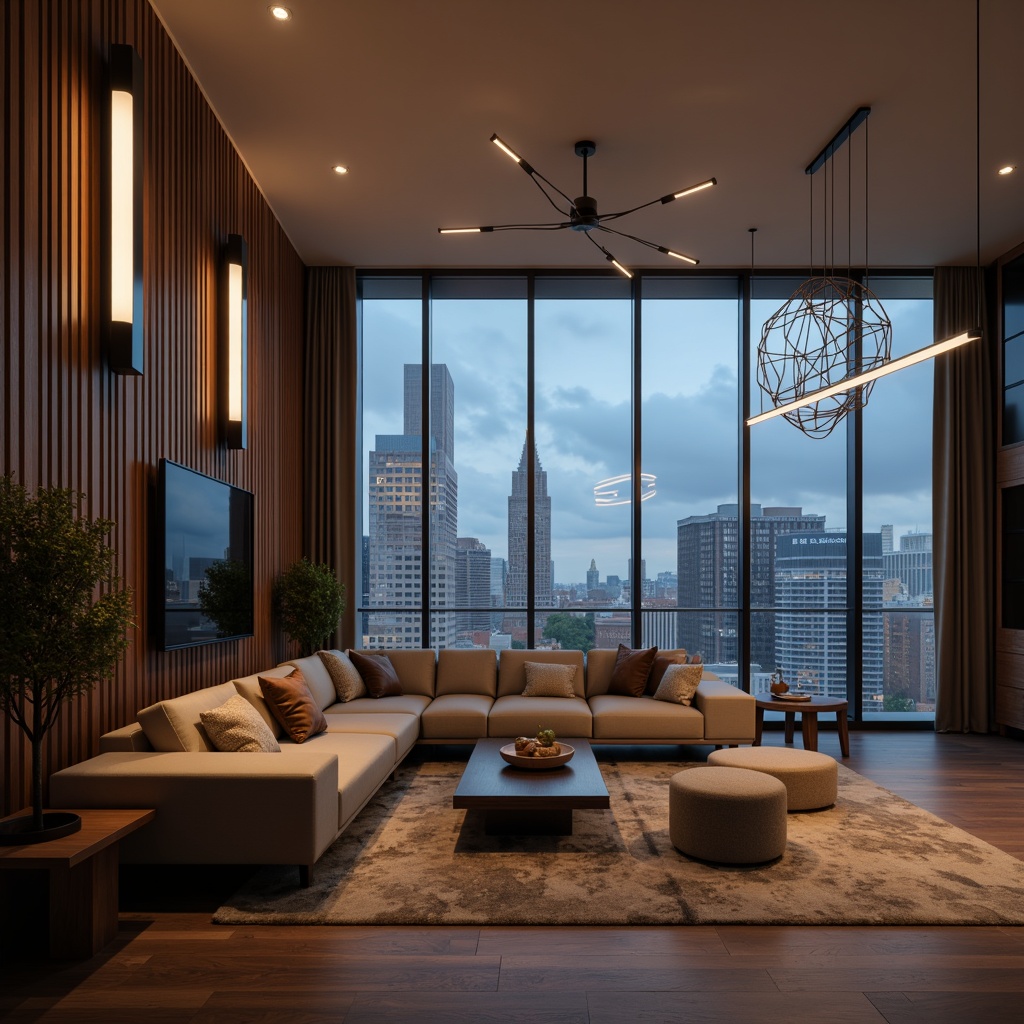 Prompt: Modern living room, sleek furniture, minimalist decor, floor-to-ceiling windows, urban cityscape views, warm ambient lighting, suspended linear LED lights, geometric pendant lamps, matte black fixtures, polished chrome accents, textured glass shades, soft warm glow, cozy atmosphere, 1/2 composition, shallow depth of field, realistic reflections.