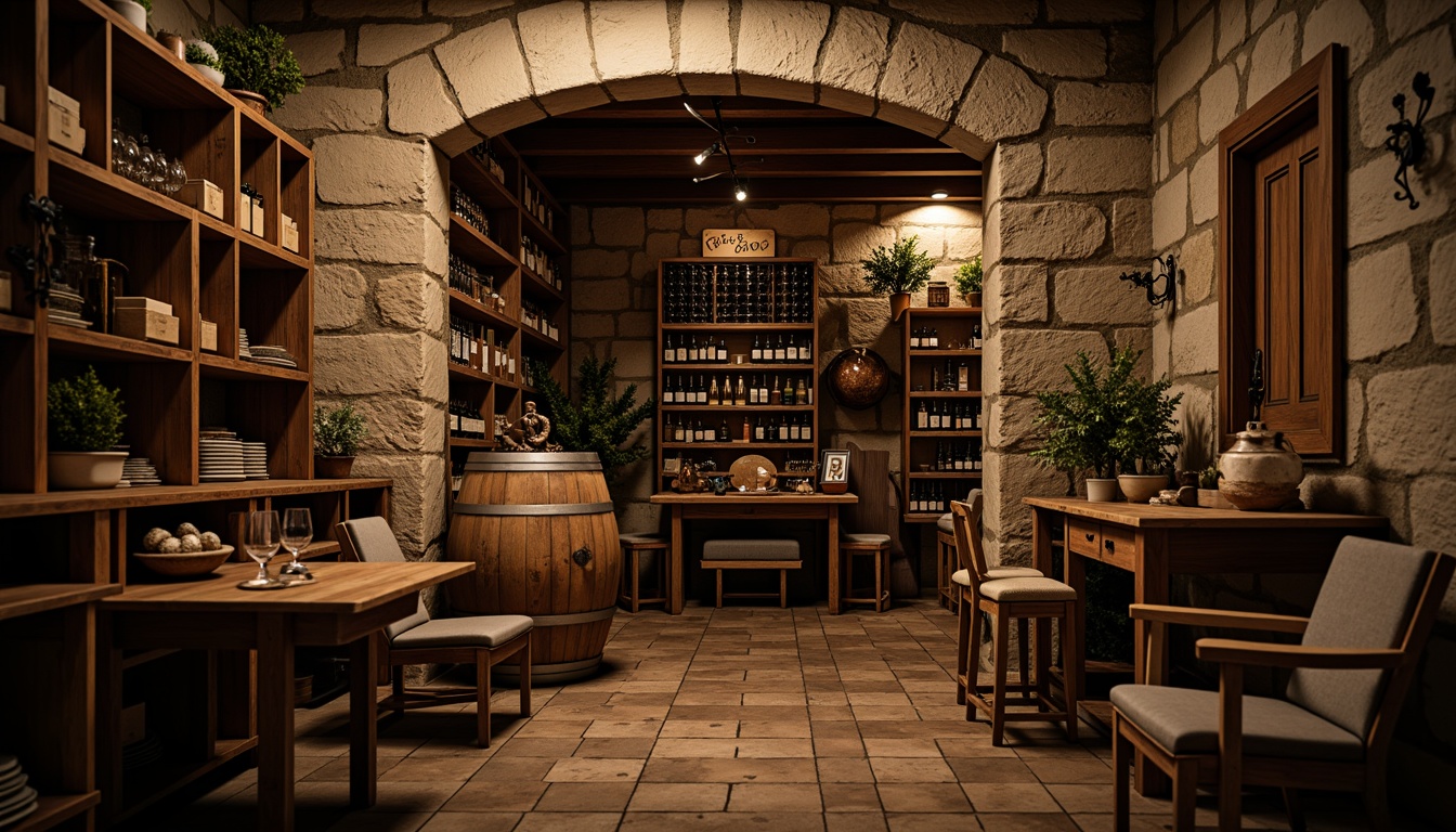 Prompt: Rustic wine cellar, distressed wooden shelving, vintage metal racks, worn stone walls, earthy tone flooring, soft warm lighting, ambient shadows, ornate metal door handles, antique furniture pieces, decorative wooden crates, aged wine barrels, dimly lit atmosphere, romantic ambiance, rich wood tones, elegant glassware, subtle fragrance of oak and vanilla, 1/1 composition, shallow depth of field, realistic textures.