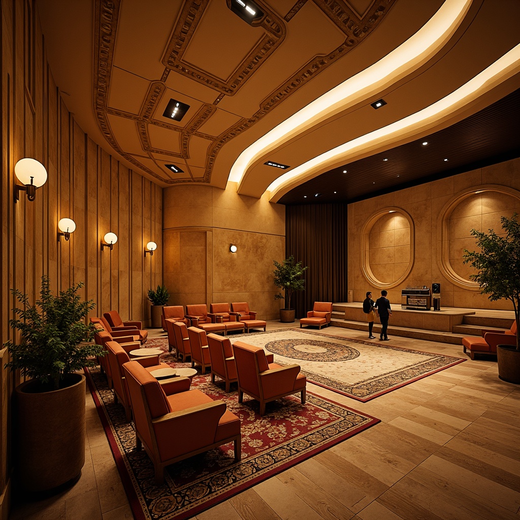 Prompt: Warm Mediterranean auditorium, curved lines, ornate details, natural stone walls, wooden accents, intricately patterned rugs, lavish chandeliers, comfortable seating areas, advanced sound systems, sleek audio equipment, precise acoustic calculations, optimized reverberation times, clear sound reflections, minimal echo, warm golden lighting, shallow depth of field, 2/3 composition, realistic textures, ambient occlusion, soft warm ambiance.