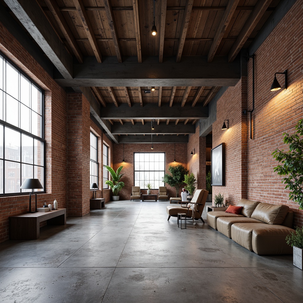 Prompt: Exposed brick walls, industrial metal beams, polished concrete floors, reclaimed wood accents, vintage factory lights, minimalist decor, functional pipes, distressed textures, urban loft atmosphere, modern industrial chic, neutral color palette, high ceilings, large windows, natural light pouring in, soft warm lighting, shallow depth of field, 3/4 composition, realistic reflections, ambient occlusion.