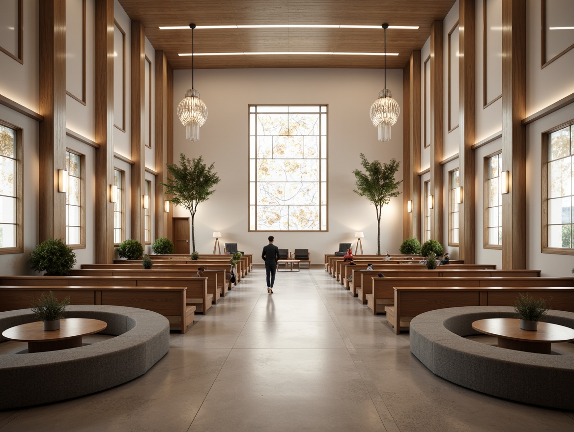 Prompt: Modern church interior, minimalist decor, sleek wooden pews, elegant chandeliers, stained glass windows, neutral color palette, spacious open floor plan, optimized furniture layout, comfortable seating areas, circular coffee tables, plush armchairs, cozy reading nooks, warm soft lighting, shallow depth of field, 1/1 composition, realistic textures, ambient occlusion.