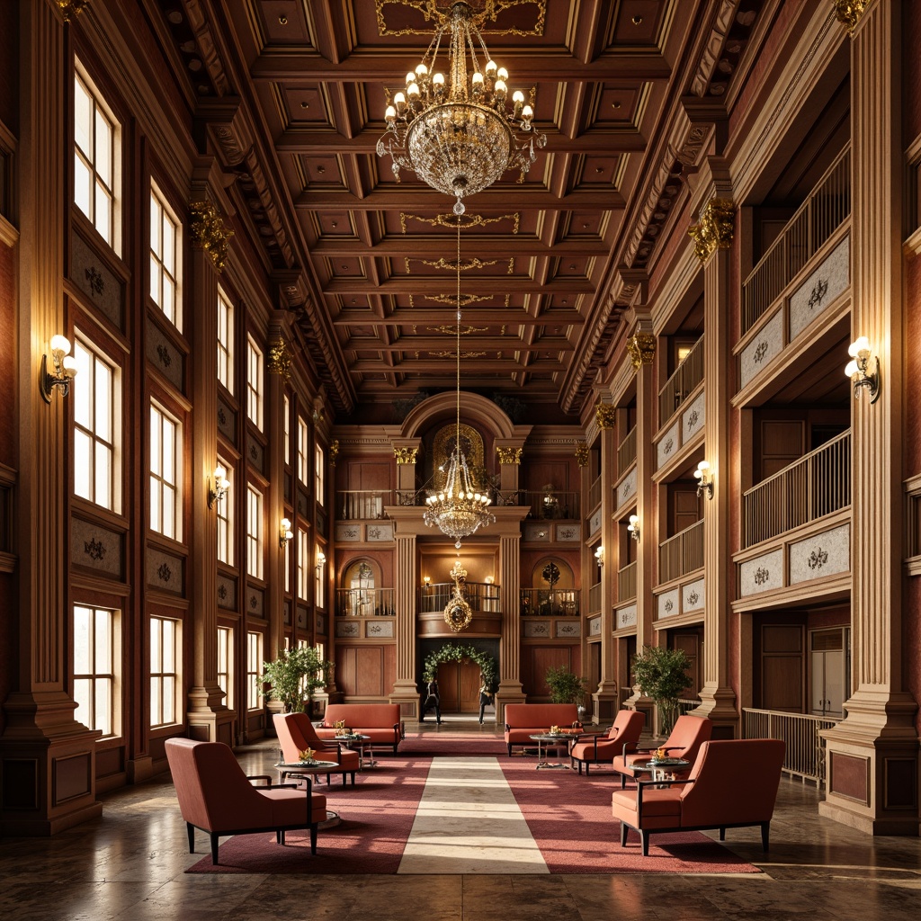 Prompt: Elegant gymnasium interior, neoclassical furniture design, ornate wooden accents, gilded frames, rich velvet upholstery, classic columnar structures, grand chandeliers, polished marble floors, intricate moldings, stately proportions, majestic atmosphere, warm golden lighting, shallow depth of field, 2/3 composition, symmetrical framing, realistic textures, ambient occlusion.