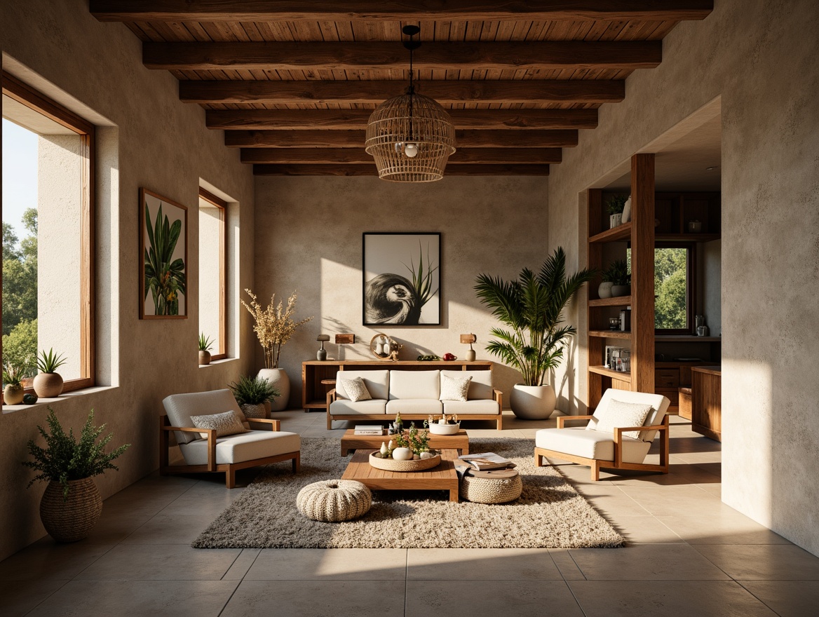 Prompt: Rustic textured walls, earthy tones, natural stone accents, wooden beam ceilings, cozy atmosphere, warm lighting, soft shadows, inviting nooks, comfortable seating areas, plush furnishings, organic shapes, woven textiles, botanical prints, nature-inspired artwork, serene ambiance, shallow depth of field, 1/1 composition, realistic renderings.