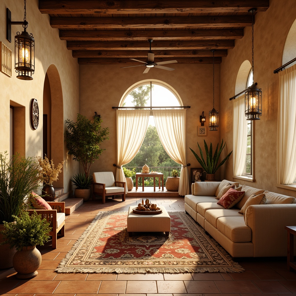 Prompt: Warm Mediterranean interior, soft warm lighting, creamy whites, earthy terracotta tones, rustic wooden beams, ornate metal lanterns, ambient candlelight, golden sunlight streaming through arched windows, sheer curtains billowing in gentle breeze, distressed stone walls, vintage furniture, rich tapestries, intricate tile work, lush greenery, natural fiber rugs, warm beige stucco, cozy alcoves, 1/2 composition, soft focus, realistic textures, subtle color grading.