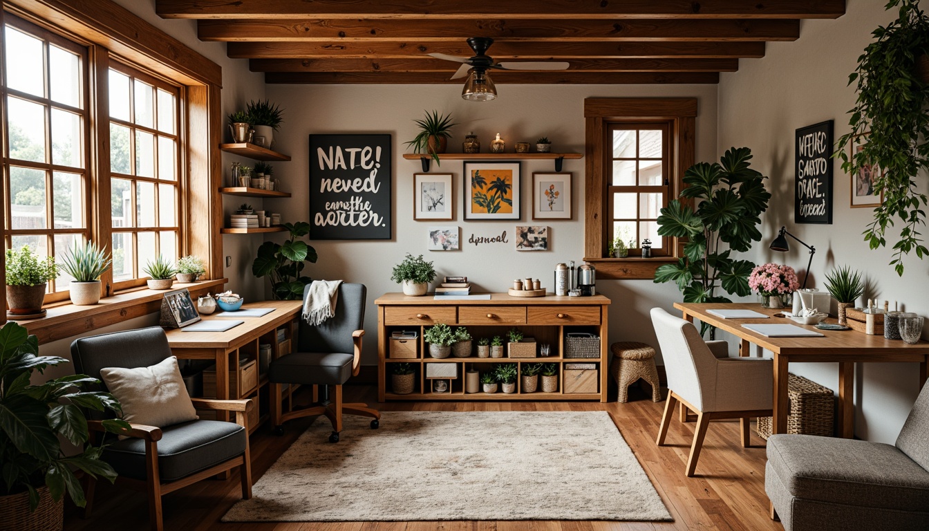 Prompt: Cozy craft room, wooden worktables, rustic wood accents, vibrant color schemes, eclectic decorative items, creative storage solutions, inspirational quote decals, natural fiber rugs, comfortable plush chairs, soft warm lighting, 3/4 composition, shallow depth of field, realistic textures, ambient occlusion.