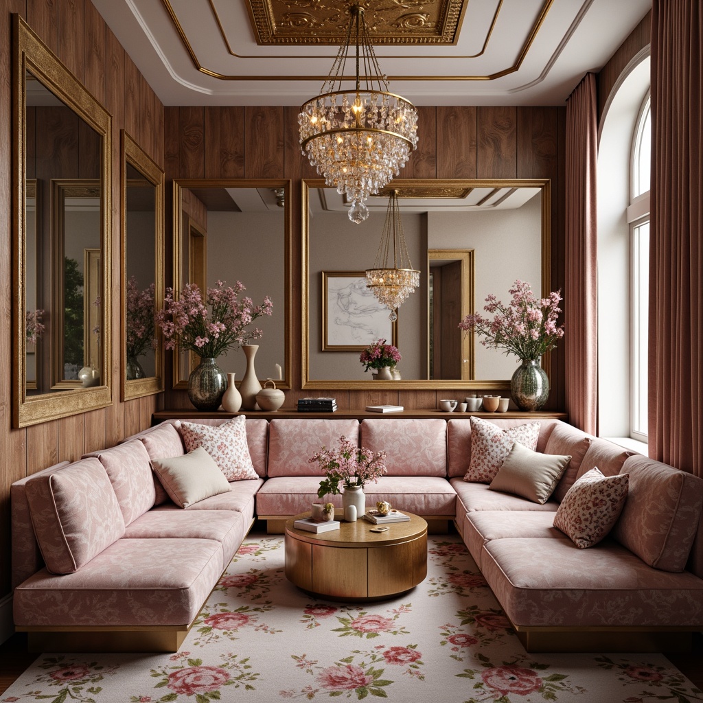 Prompt: Luxurious velvet fabrics, soft pastel hues, intricate floral patterns, metallic accents, plush cushions, statement walls, ornate mirrors, crystal chandeliers, rich wood tones, minimalist decor, subtle texture contrasts, ambient lighting, 1/1 composition, shallow depth of field, realistic renderings, cozy reading nooks, sophisticated color schemes.