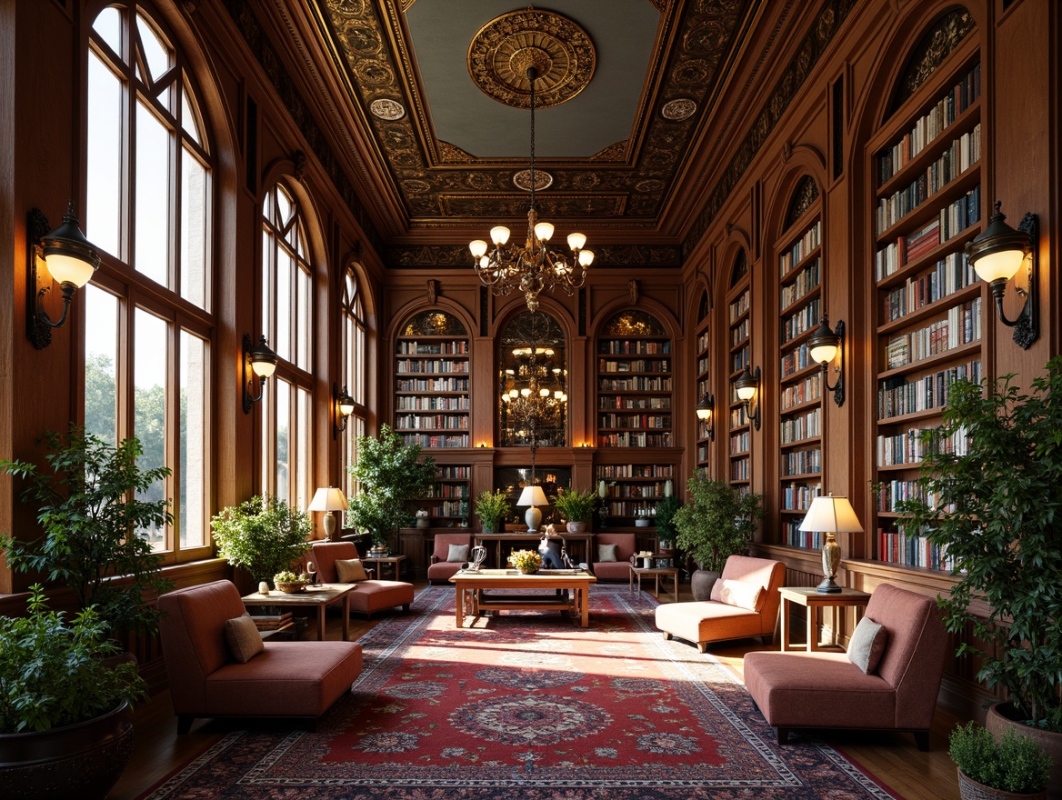 Prompt: Vintage bookshelves, eclectic furniture, rich wood tones, ornate metalwork, stained glass windows, cozy reading nooks, plush armchairs, warm golden lighting, dramatic ceiling heights, grand chandeliers, intricate moldings, ornate cornices, vibrant colorful rugs, scattered potted plants, soft ambient glow, shallow depth of field, 1/2 composition, intimate atmosphere, realistic textures, subtle ambient occlusion.