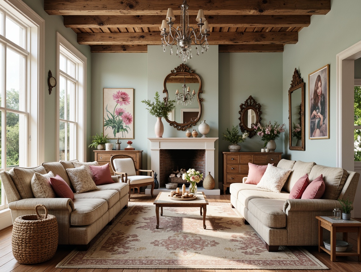 Prompt: Distressed wood furniture, vintage decor, soft pastel colors, floral patterns, lace trimmings, velvet pillows, rustic metal accents, distressed leather armchairs, ornate mirrors, feminine touches, elegant chandeliers, natural fabrics, woven baskets, earthy tones, warm lighting, cozy atmosphere, 1/1 composition, soft focus, subtle textures.