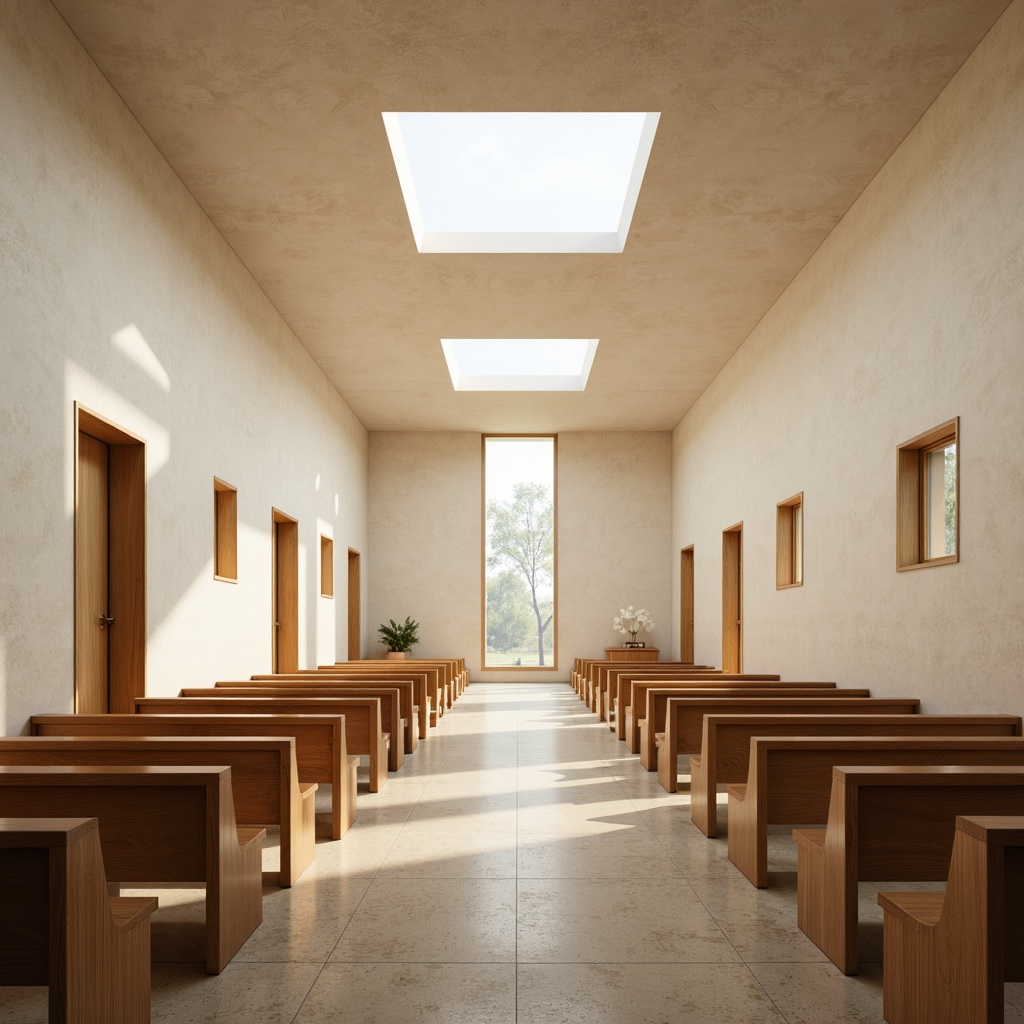 Prompt: Minimalist chapel, serene atmosphere, natural light pouring through clerestory windows, sleek wooden pews, polished stone floors, subtle texture variations, neutral color palette, simplicity emphasized, delicate stained glass accents, refined architectural lines, calming ambiance, warm beige tones, soft diffused lighting, 1/1 composition, symmetrical framing, realistic material reflections.