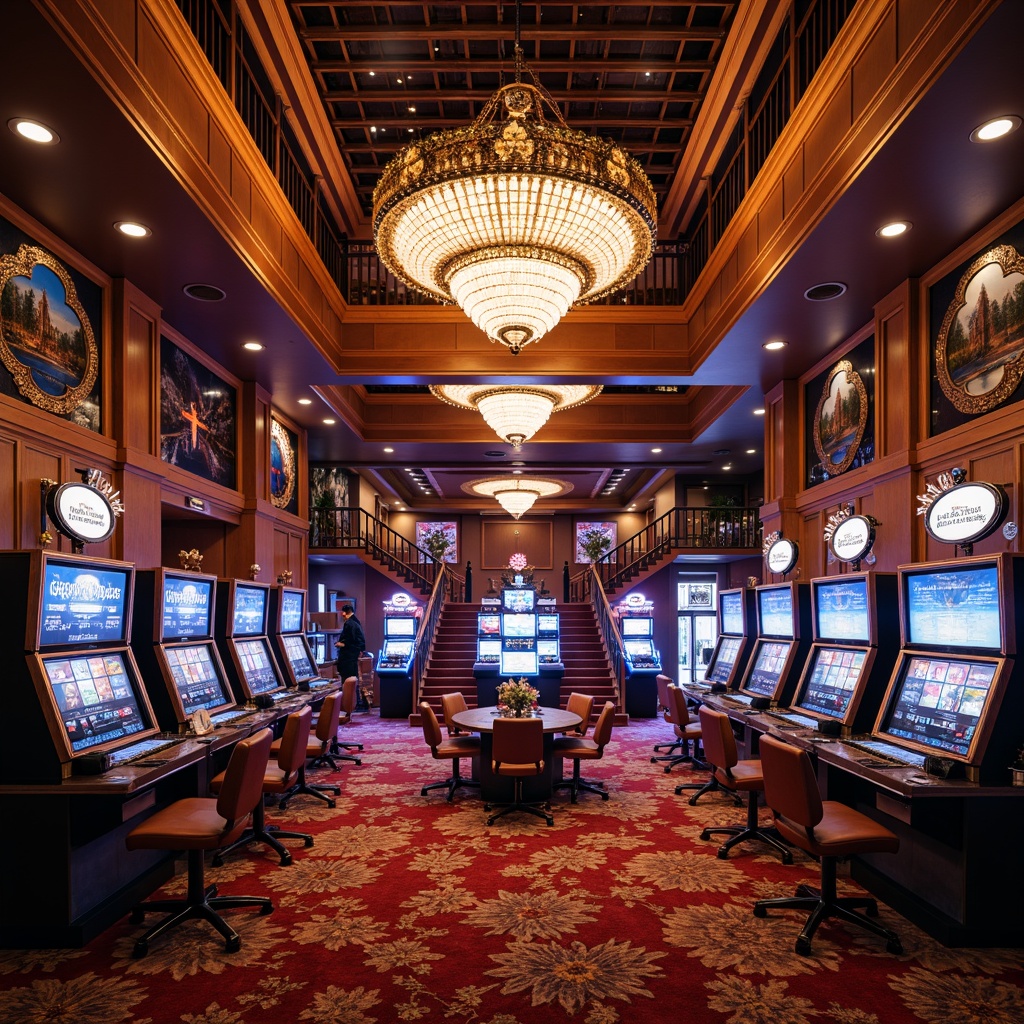 Prompt: Luxurious casino interior, elegant chandeliers, rich wood accents, plush carpets, vibrant LED lighting, modern slot machines, sophisticated gaming tables, leather armchairs, ornate mirrors, grand staircase, spacious high ceilings, lavish decorative elements, intricate patterns, warm atmospheric colors, dramatic spotlights, shallow depth of field, 1/1 composition, realistic textures, ambient occlusion.