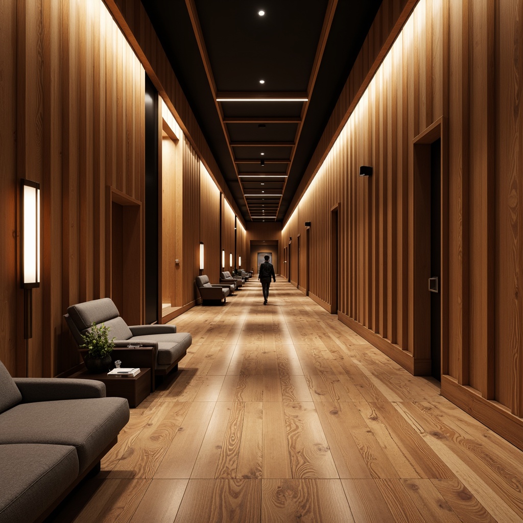 Prompt: Elegant university hallways, rich wooden flooring, dark-stained oak panels, sophisticated lecture theaters, comfortable seating areas, plush carpeted corridors, modern minimalist design, sleek metal accents, warm LED lighting, subtle texture variations, realistic reflections, 3/4 composition, shallow depth of field, panoramic view, ambient occlusion.