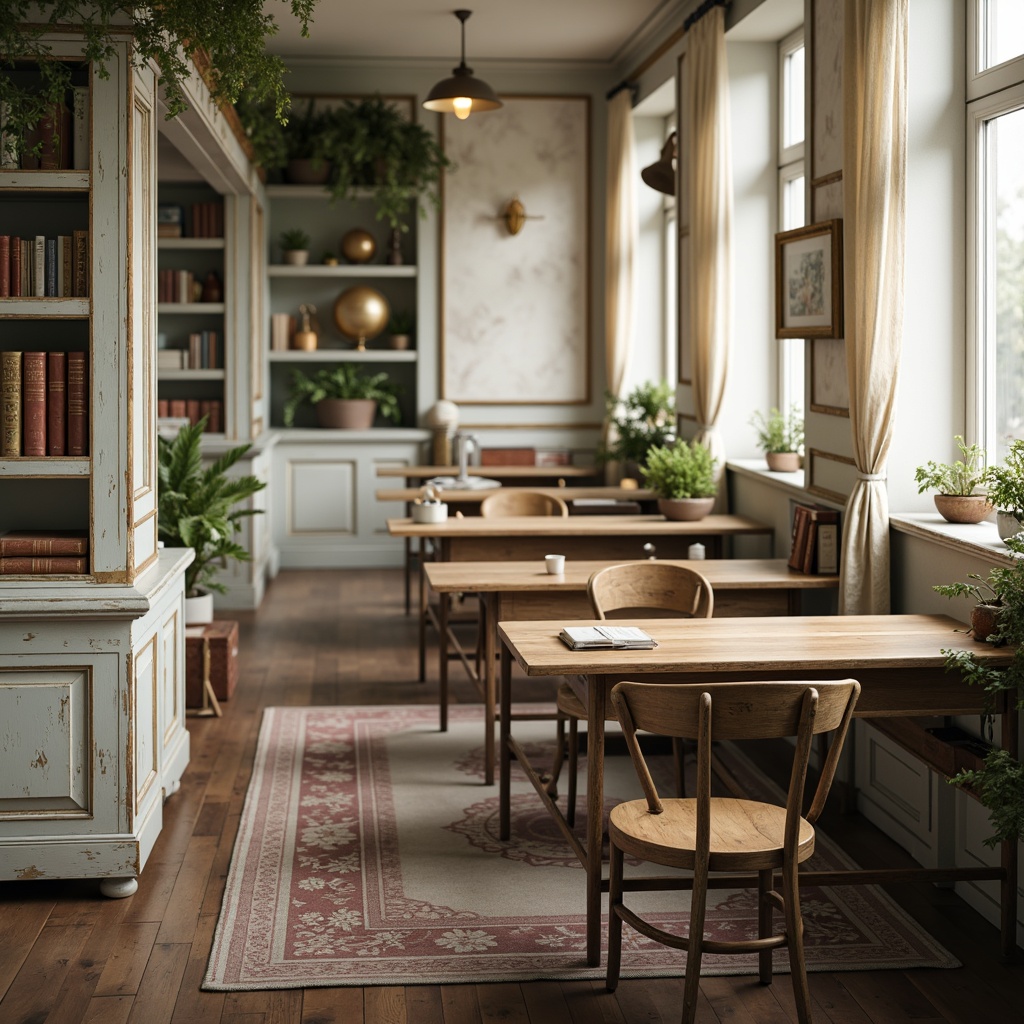 Prompt: Distressed wooden desks, vintage metal chairs, soft pastel hues, muted floral patterns, creamy whites, weathered wood accents, ornate gold frames, lace curtains, ruffled fabrics, distressed bookshelves, antique globes, natural light pouring in, warm cozy atmosphere, shallow depth of field, 1/1 composition, realistic textures, ambient occlusion.