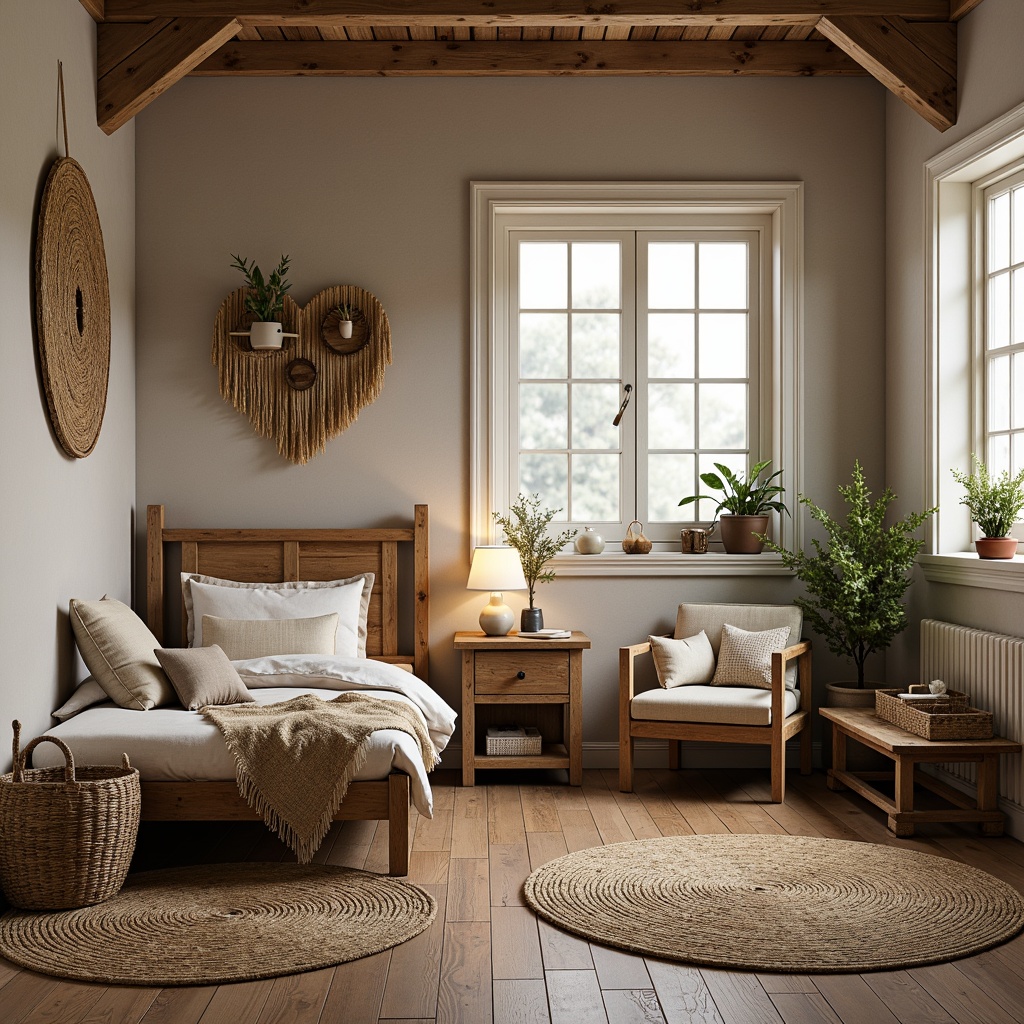 Prompt: Cozy kids' bedroom, vintage wooden furniture, distressed finishes, earthy tones, woven baskets, plush area rugs, natural fabrics, burlap textures, linen upholstery, cotton lace trim, rustic metal accents, reclaimed wood decor, warm soft lighting, shallow depth of field, 1/2 composition, inviting atmosphere.