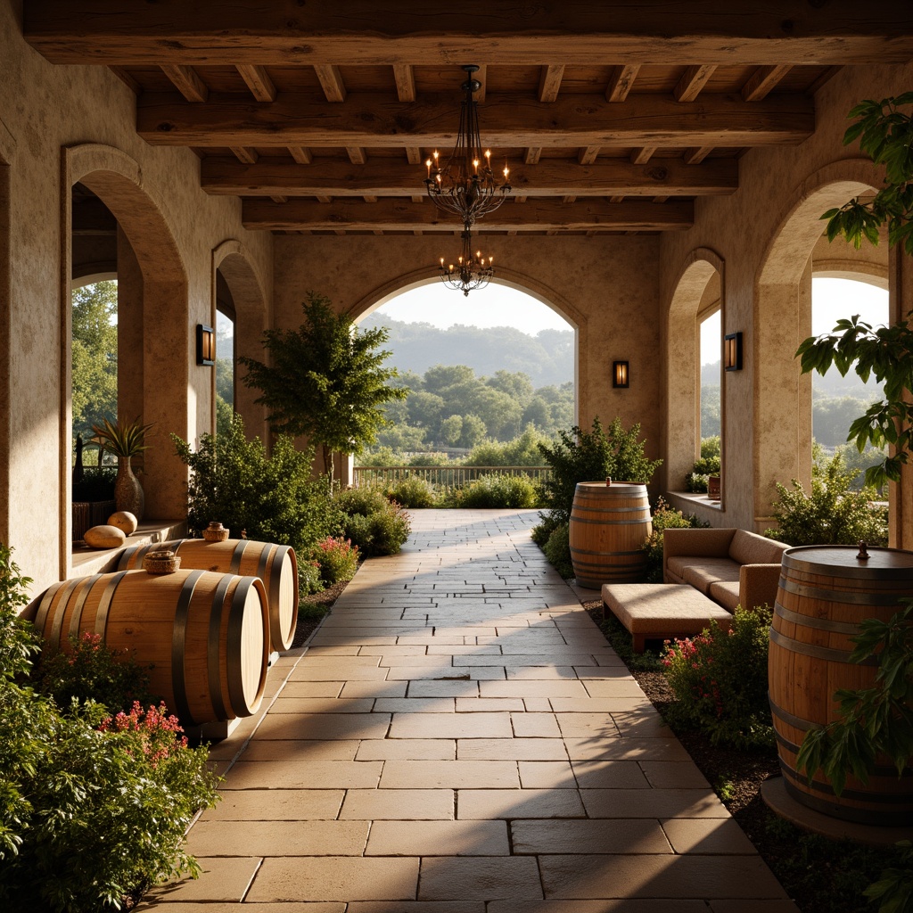 Prompt: Rustic winery interior, earthy tones, warm beige walls, rich wooden accents, vintage wine barrels, dimmable lighting, soft warm glow, natural stone floors, wooden fermentation tanks, elegant chandeliers, lush greenery, vineyard views, rolling hills, sunny afternoon, shallow depth of field, 1/2 composition, realistic textures, ambient occlusion.