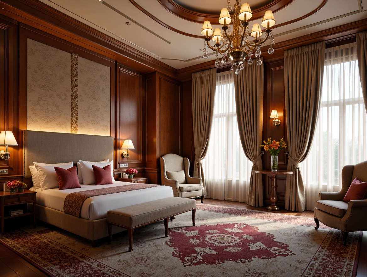 Prompt: Luxurious dormitory, rich velvety fabrics, geometric patterned textiles, metallic accents, ornate furnishings, lavish drapery, warm golden lighting, sleek wooden panels, curved lines, opulent headboards, plush area rugs, velvet pillows, chrome hardware, crystal chandeliers, soft pastel hues, 3/4 composition, shallow depth of field, warm cozy atmosphere, realistic textures.