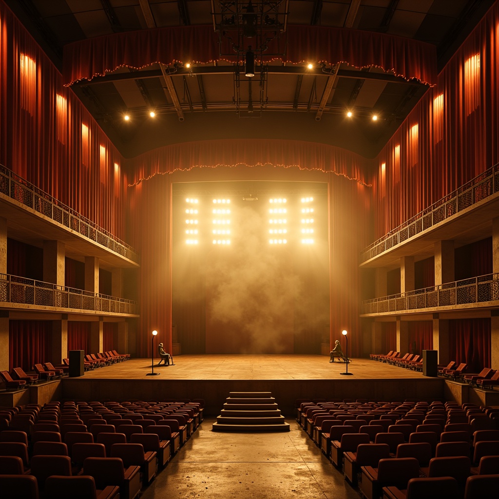 Prompt: Dramatic amphitheater, tiered seating, grand stage, warm golden lighting, suspended lanterns, LED strip lights, floor-to-ceiling curtains, rich velvet drapes, ornate metal railings, polished wooden floors, atmospheric fog effects, spotlight beams, softbox lights, warm color temperature, high contrast ratio, cinematic atmosphere, immersive experience, 3-point lighting setup, symmetrical composition, realistic reflections, ambient occlusion.Please let me know if this meets your expectations!