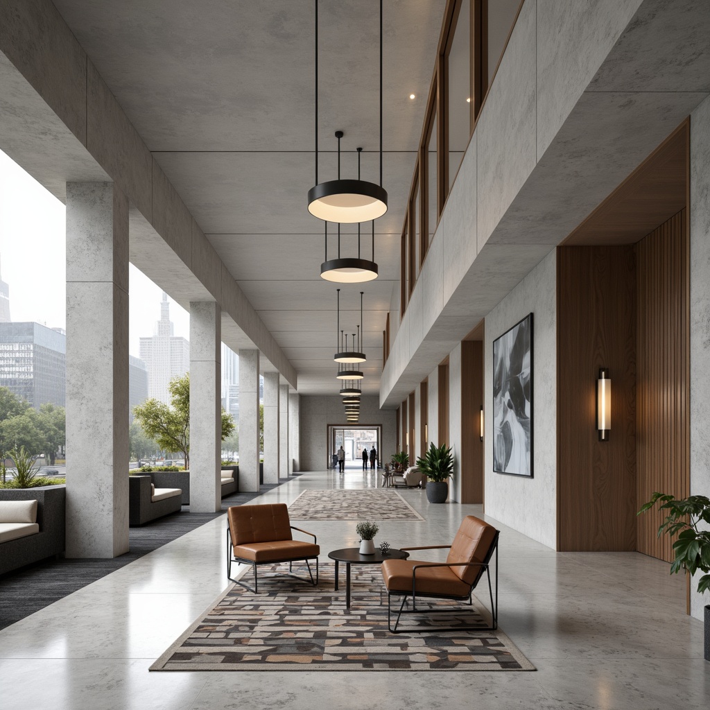 Prompt: Minimalist hotel lobby, geometric patterns, monochromatic color scheme, tubular steel chairs, leather upholstery, marble floors, industrial lighting fixtures, rectangular shapes, clean lines, functional decor, simplicity emphasis, luxurious textiles, geometric rugs, abstract artwork, neutral tone walls, elegant reception desk, modernist architecture, urban cityscape, cloudy day, soft diffused lighting, shallow depth of field, 1/1 composition, realistic materials, ambient occlusion.