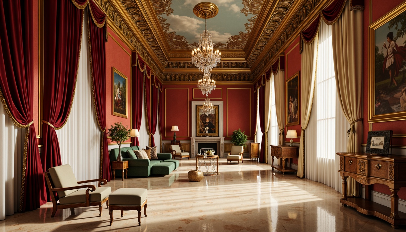 Prompt: Rich velvet drapes, ornate golden frames, lavish crystal chandeliers, warm beige marble floors, intricate fresco ceilings, opulent crimson red walls, gilded decorative accents, sumptuous emerald green upholstery, luxurious cream-colored tapestries, dramatic shadow lighting, 1/2 composition, ornate mirror reflections, realistic texture details, ambient occlusion.