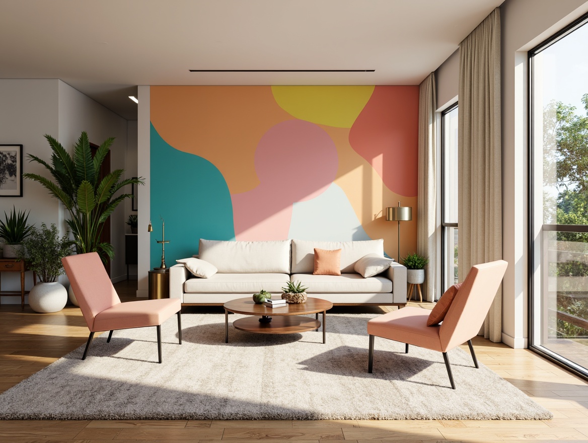 Prompt: Vibrant modern interior design, trendy color scheme, pastel hues, soft peach tones, creamy whites, rich charcoal grays, bold turquoise accents, metallic gold details, natural wood textures, sleek minimalist decor, spacious open-plan living area, abundant natural light, bright sunny day, shallow depth of field, 1/1 composition, realistic rendering, ambient occlusion.