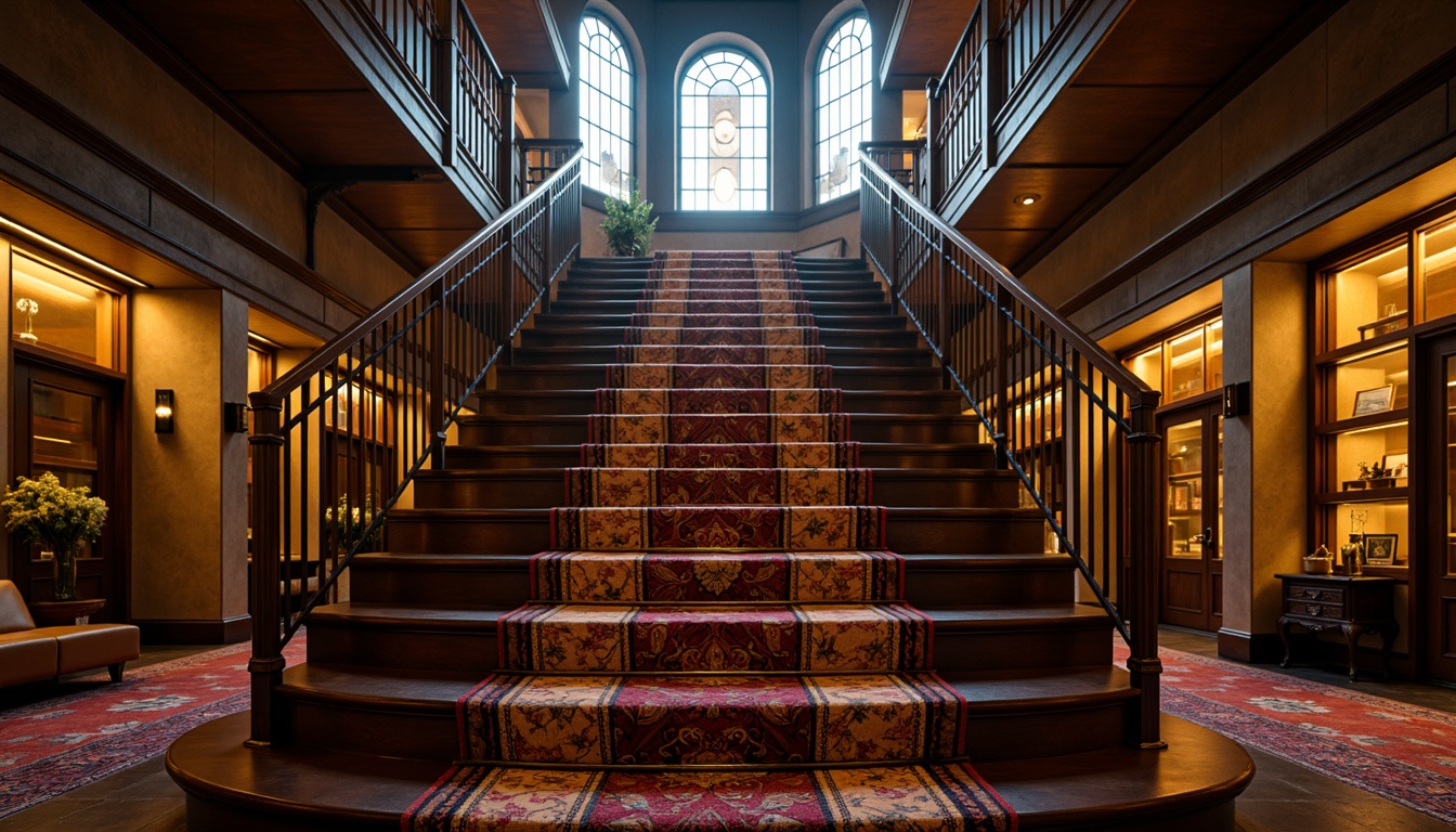 Prompt: Dramatic eclectic staircase, ornate metal railings, rich wood tones, vibrant colorful textiles, intricate geometric patterns, warm golden lighting, soft ambient glow, high-contrast shadows, moody atmospheric effects, cinematic camera angles, 1/2 composition, low-key lighting, subtle gradient maps, realistic material reflections, detailed normal mapping.