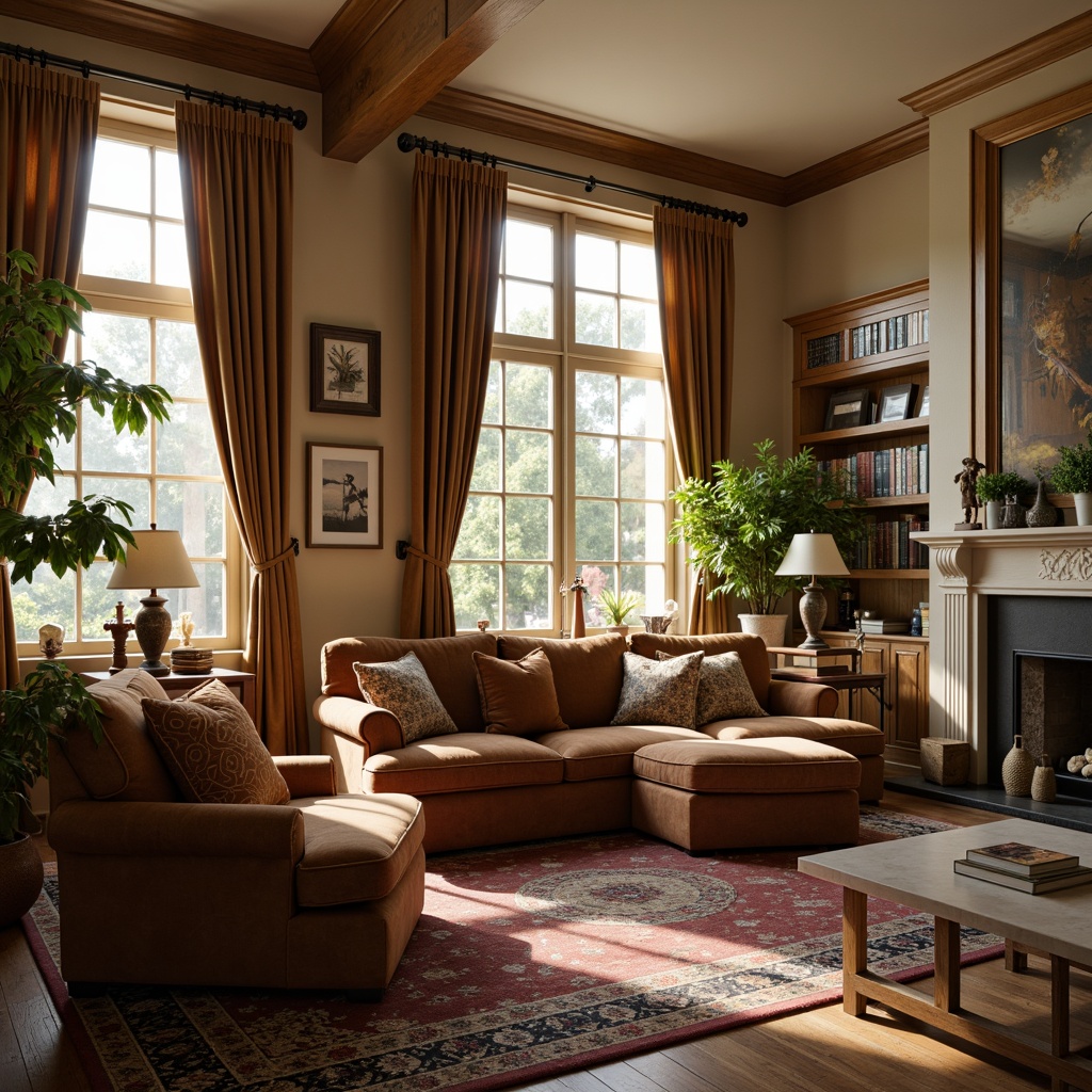 Prompt: Cozy living room, plush velvet sofa, soft cushioning, tufted upholstery, rich wood accents, warm beige walls, large windows, natural light, elegant drapery, subtle patterned rugs, comfortable seating arrangement, intimate conversation area, ambient warm lighting, shallow depth of field, 1/1 composition, realistic textures.