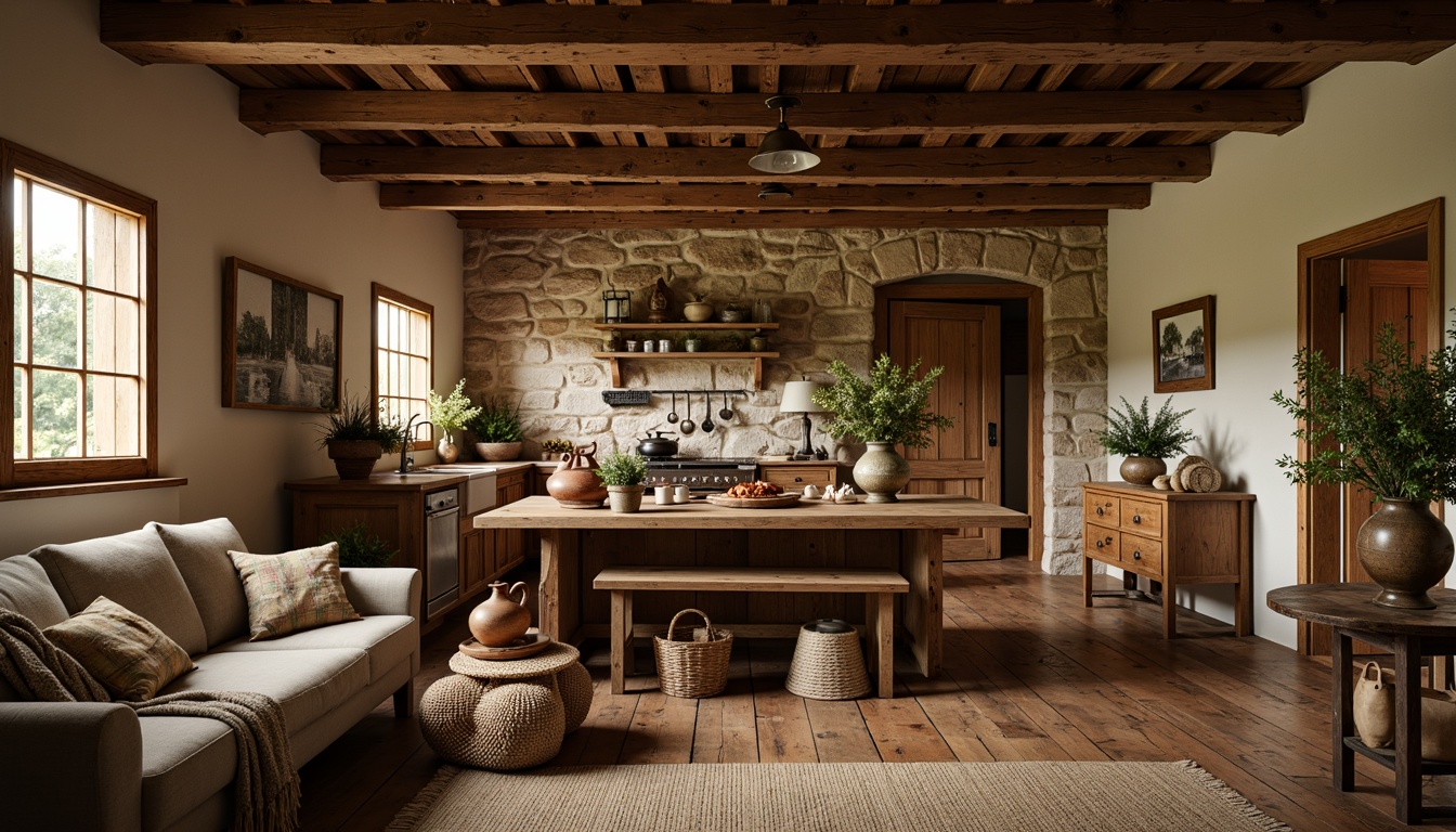 Prompt: Rustic farmhouse, vintage agricultural tools, distressed wooden accents, earthy color palette, natural stone walls, exposed beams, reclaimed wood flooring, plush furnishings, cozy textiles, soft candlelight, warm golden lighting, shallow depth of field, 1/1 composition, inviting atmosphere, organic shapes, earthenware vases, potted greenery, woven baskets, nature-inspired artwork, wooden shutters, classic country kitchen.