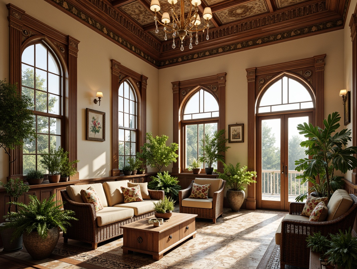 Prompt: Intricate molding details, ornate wooden panels, Victorian-era inspired sunroom design, large windows with stained glass, floral patterns, soft natural lighting, warm beige walls, comfortable wicker furniture, lush greenery, potted plants, intricate tile work, mosaic flooring, grand archways, curved lines, elegant chandeliers, luxurious fabrics, rich wood tones, inviting atmosphere, serene ambiance, shallow depth of field, 3/4 composition, realistic textures, ambient occlusion.