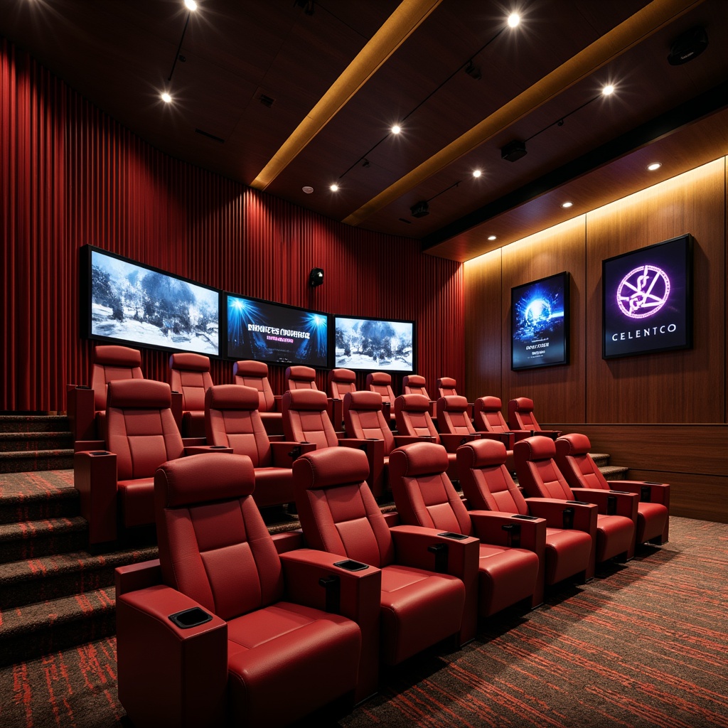 Prompt: Luxurious cinema interior, rich velvet seats, metallic accents, dark wood panels, sleek minimalist lines, warm golden lighting, deep crimson curtains, dramatic spotlights, vibrant neon signs, futuristic digital screens, immersive sound systems, premium leather upholstery, sophisticated color blocking, bold geometric patterns, high-gloss finishes, atmospheric fog effects, cinematic 3/4 composition, low-key backlighting, realistic texture rendering.