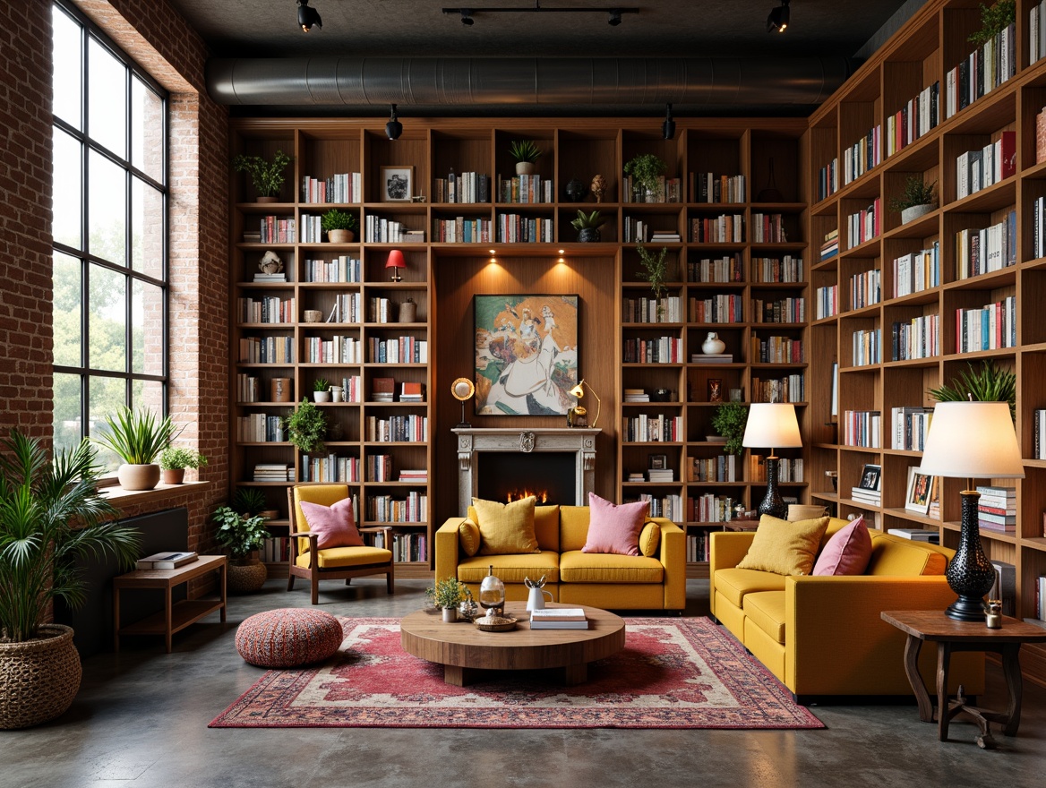 Prompt: Vibrant bookshelves, eclectic furniture, warm wooden accents, cozy reading nooks, plush armchairs, ornate lamps, rich textiles, cultural artifacts, abstract artwork, earthy color palette, natural light filtering, floor-to-ceiling windows, modern industrial architecture, exposed brick walls, polished concrete floors, ambient soft lighting, 1/1 composition, shallow depth of field, panoramic view, realistic textures.