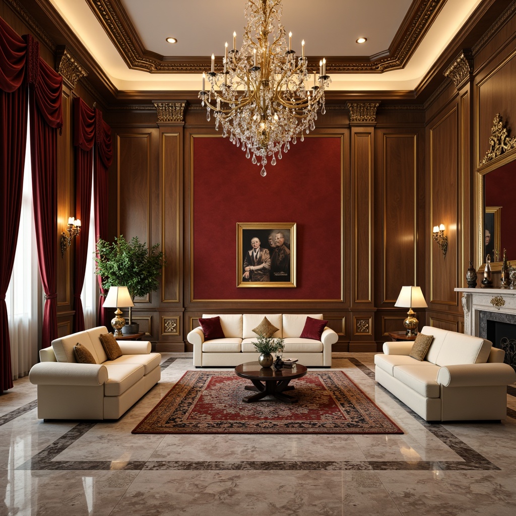 Prompt: Elegant mansion, ornate moldings, rich wood tones, velvet drapes, antique furniture, luxurious chandeliers, subtle gold accents, soft warm lighting, classic proportions, symmetrical compositions, refined marble floors, intricate patterned rugs, statement walls, bold red accent walls, sophisticated cream-colored sofas, polished bronze fixtures, ornamental mirrors, lavish crystal chandeliers, warm beige tones, inviting atmosphere, shallow depth of field, 1/1 composition, realistic textures, ambient occlusion.