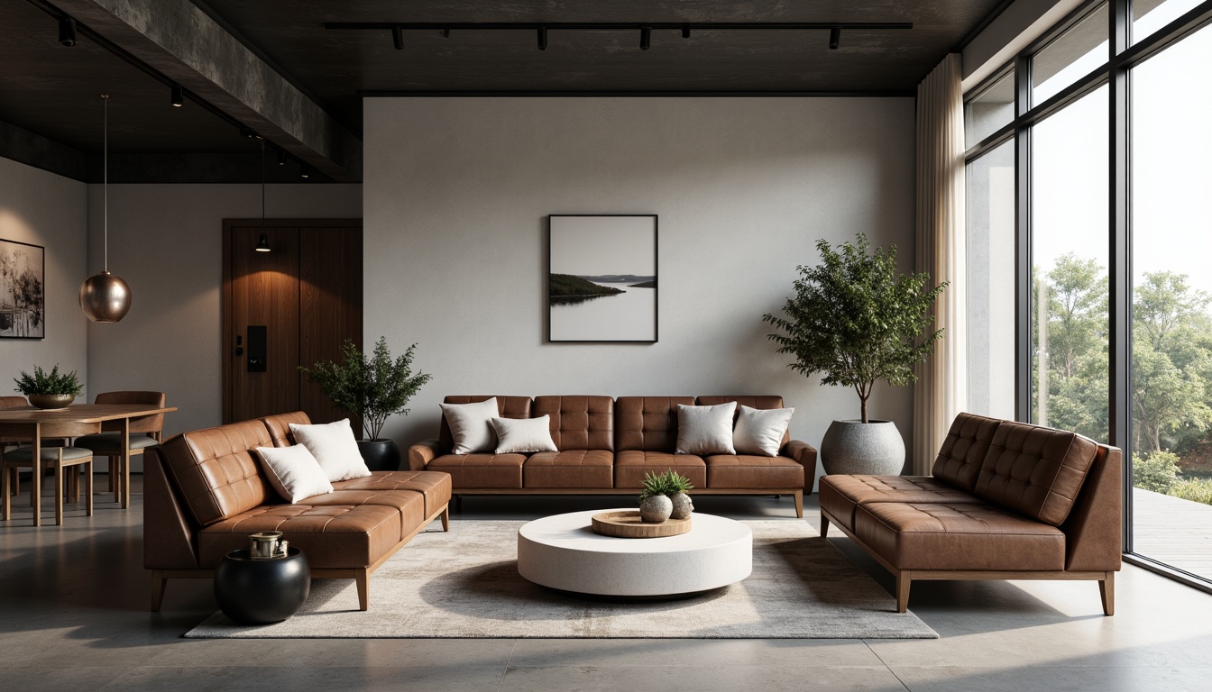 Prompt: Sleek minimalist interior, low-profile furniture, monochromatic color scheme, industrial chic decor, polished concrete floors, geometric-shaped coffee tables, tufted leather sofas, floor-to-ceiling windows, natural light pouring in, soft warm ambiance, 1/1 composition, shallow depth of field, realistic textures, ambient occlusion.