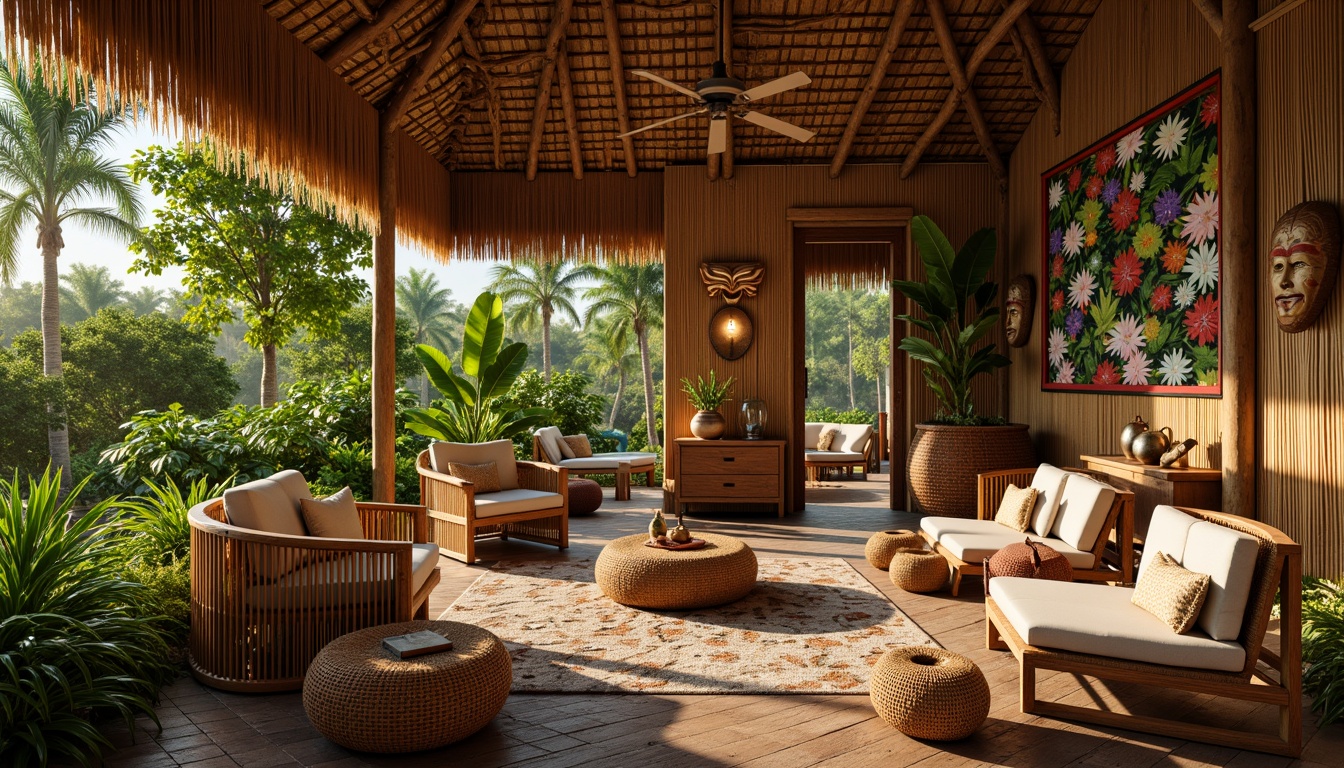 Prompt: Exotic tropical hut, thatched roof, woven bamboo walls, vibrant floral patterns, colorful tiki masks, lush greenery, palm trees, natural wood accents, rattan furniture, woven textiles, intricate carvings, warm golden lighting, soft misty atmosphere, shallow depth of field, 1/1 composition, realistic textures, ambient occlusion.