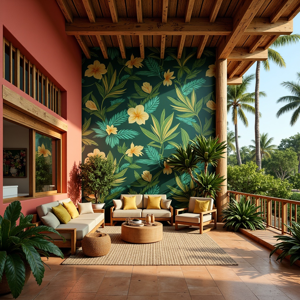 Prompt: Vibrant tropical interior, lush green walls, exotic wooden accents, bold floral patterns, bright coral hues, sunny yellow tones, turquoise blue shades, natural textiles, woven rattan furniture, earthy terracotta floors, palm tree silhouettes, airy open spaces, warm soft lighting, shallow depth of field, 1/1 composition, realistic renderings, ambient occlusion.