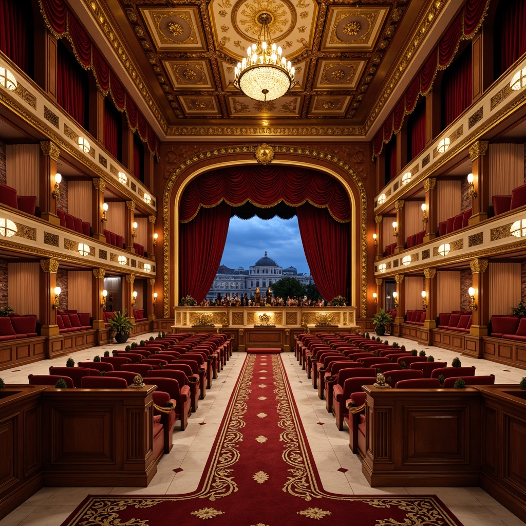 Prompt: Grand opera house interior, ornate chandeliers, velvet drapes, rich wood paneling, intricate moldings, golden accents, marble floors, lavish furnishings, Baroque-inspired details, grand staircases, red carpeted aisles, luxurious VIP boxes, soft warm lighting, shallow depth of field, 1/1 composition, realistic textures, ambient occlusion.