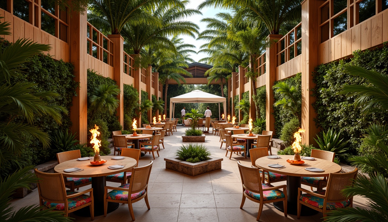 Prompt: Vibrant tropical dining hall, lush greenery walls, exotic palm trees, natural stone floors, woven rattan furniture, colorful tiki torches, floral patterned textiles, warm golden lighting, shallow depth of field, 1/1 composition, panoramic view, realistic wood textures, ambient occlusion, beach-inspired decorative accents, nautical ropes, tropical fruit centerpieces, refreshing misting systems, natural ventilation, open-air atmosphere, calming water features.