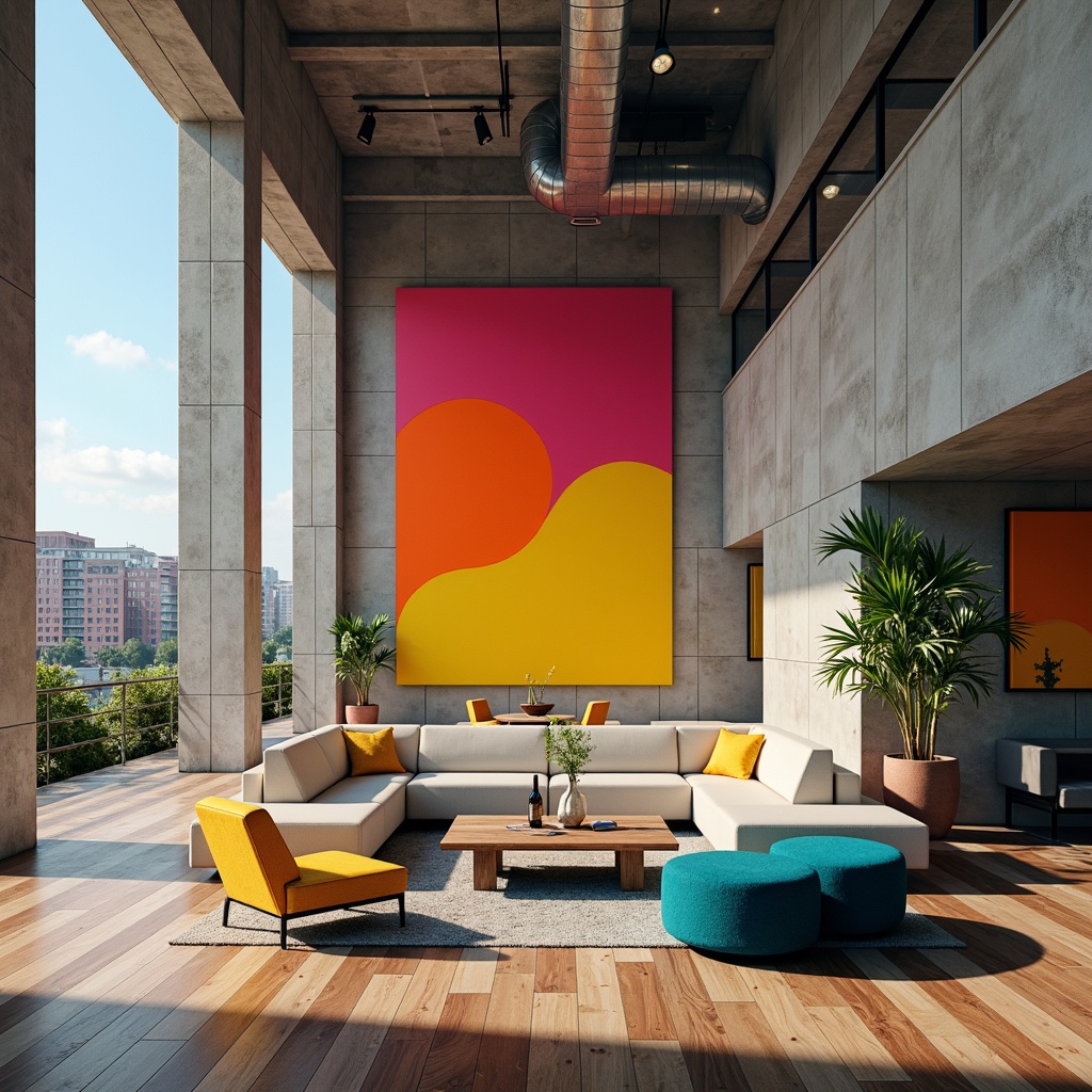 Prompt: Vibrant primary colors, bold geometric shapes, industrial materials, functional furniture, minimalist decor, abstract artwork, brutalist architecture, urban cityscape, sunny day, high contrast lighting, shallow depth of field, 3/4 composition, symmetrical framing, monochromatic color scheme, textured concrete walls, metallic accents, wooden floors, sleek lines, rectangular forms, avant-garde atmosphere.