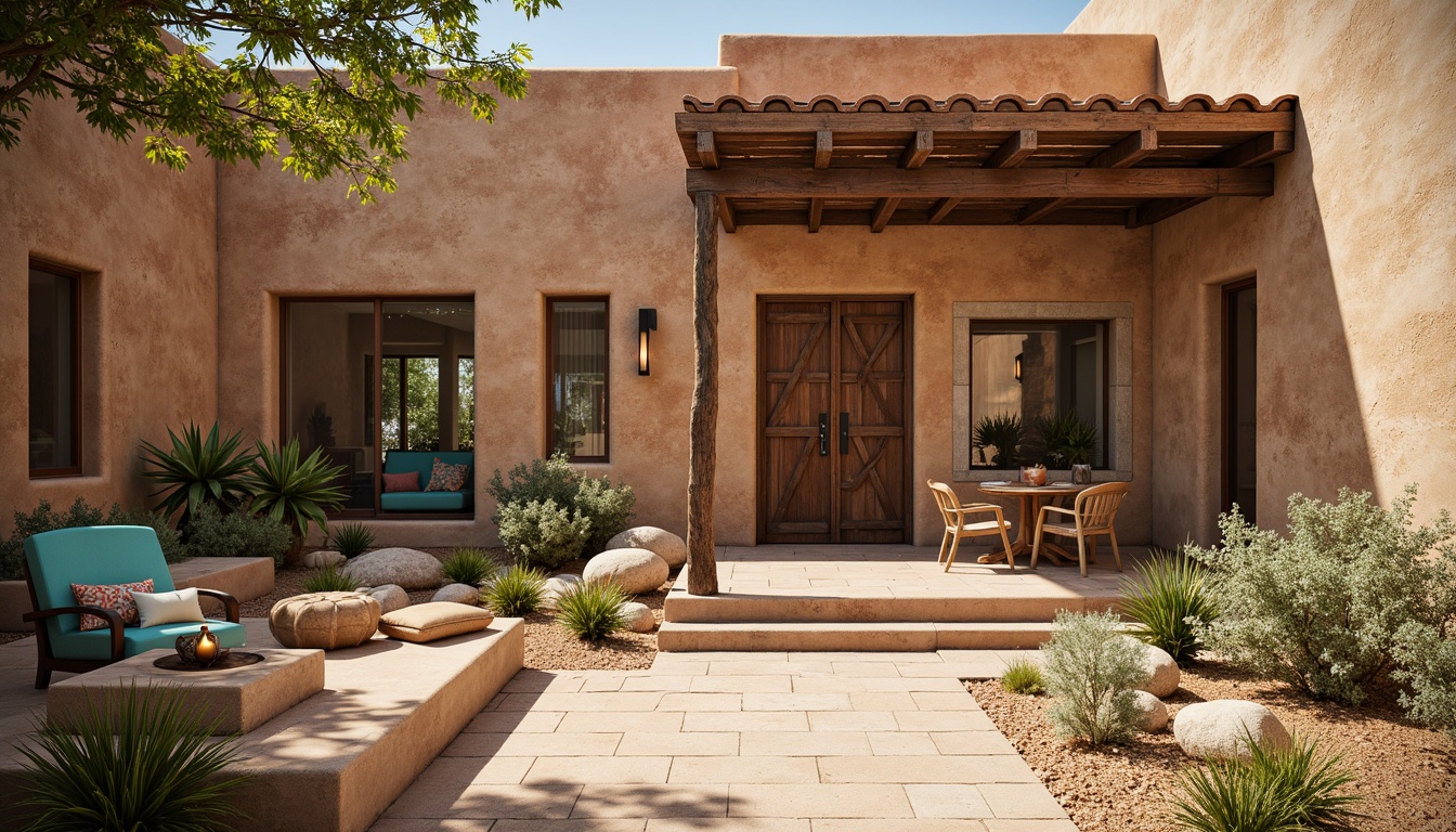 Prompt: Adobe earth tones, rustic stucco walls, wooden vigas, clay roof tiles, curved lines, ornate metalwork, turquoise accents, sandy walkways, desert flora, cacti, succulents, warm sunny day, soft natural lighting, shallow depth of field, 3/4 composition, panoramic view, realistic textures, ambient occlusion, earthy smell, rustic wooden doors, wrought iron fixtures, colorful woven textiles, geometric patterns, Kiva-inspired fireplaces.