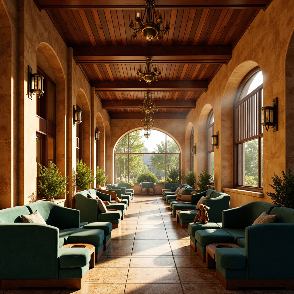 Prompt: Warm Mediterranean ambiance, curved rows of seats, rich wood tones, ornate metal accents, plush velvet upholstery, golden lighting fixtures, decorative arches, vaulted ceilings, intricate tile work, vibrant turquoise hues, sunny afternoon atmosphere, soft warm glow, shallow depth of field, 1/2 composition, symmetrical framing, realistic textures, ambient occlusion.