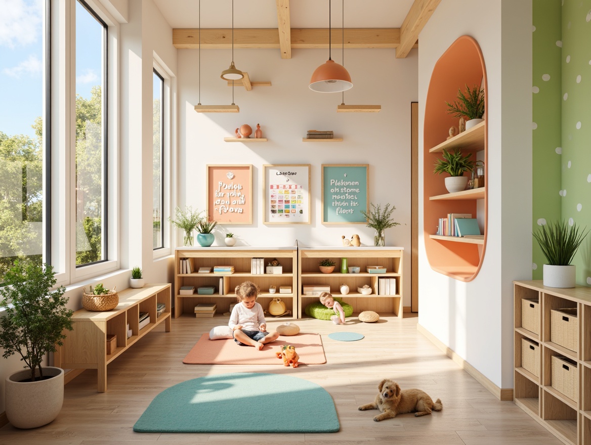 Prompt: Vibrant kindergarten, modern minimalist decor, pastel colors, soft peach tones, creamy whites, gentle blues, lime green accents, natural wood textures, playful polka dots, whimsical patterns, rounded shapes, friendly typography, educational charts, colorful rugs, cozy reading nooks, abundant natural light, warm sunny days, shallow depth of field, 1/1 composition, realistic textures, ambient occlusion.