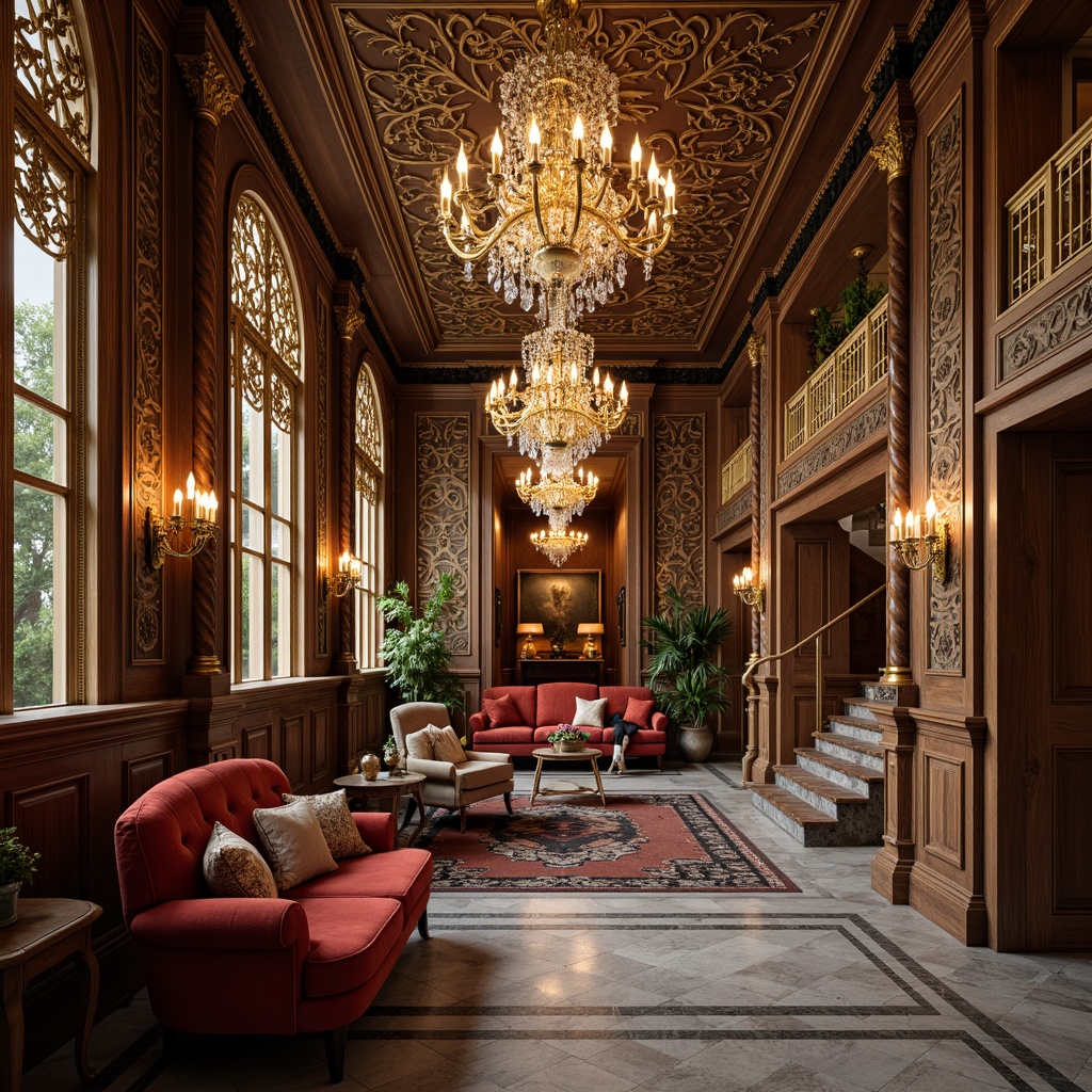 Prompt: Luxurious interior space, ornate chandeliers, intricately carved wooden panels, lavish furnishings, plush velvet sofas, golden accents, crystal decorations, grand staircases, marble floors, detailed moldings, Baroque-inspired patterns, warm ambient lighting, shallow depth of field, 1/2 composition, realistic textures, soft focus effect.