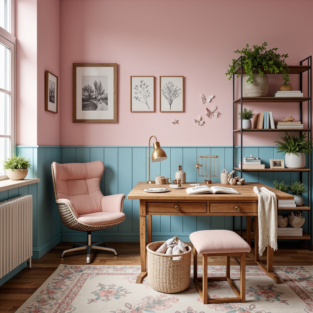 Prompt: Vibrant craft room, inspiring color scheme, pastel hues, soft pink walls, calming blue accents, natural wood tones, eclectic decorative items, creative storage solutions, rustic wooden tables, modern task lamps, comfy cushioned chairs, artistic wall decals, whimsical fabric patterns, delicate lace trimmings, bright overhead lighting, shallow depth of field, 1/1 composition, realistic textures, ambient occlusion.