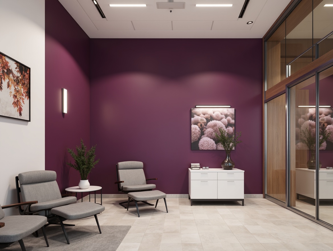 Prompt: Rich plum accent wall, modern clinic interior, sleek lines, minimal ornamentation, smooth matte finish, subtle texture, warm ambient lighting, soft shadows, calm atmosphere, healthcare-inspired artwork, minimalist furniture, ergonomic design, stainless steel accents, glass partitions, polished chrome fixtures, serene color palette, soothing ambiance, shallow depth of field, 1/1 composition, realistic reflections.