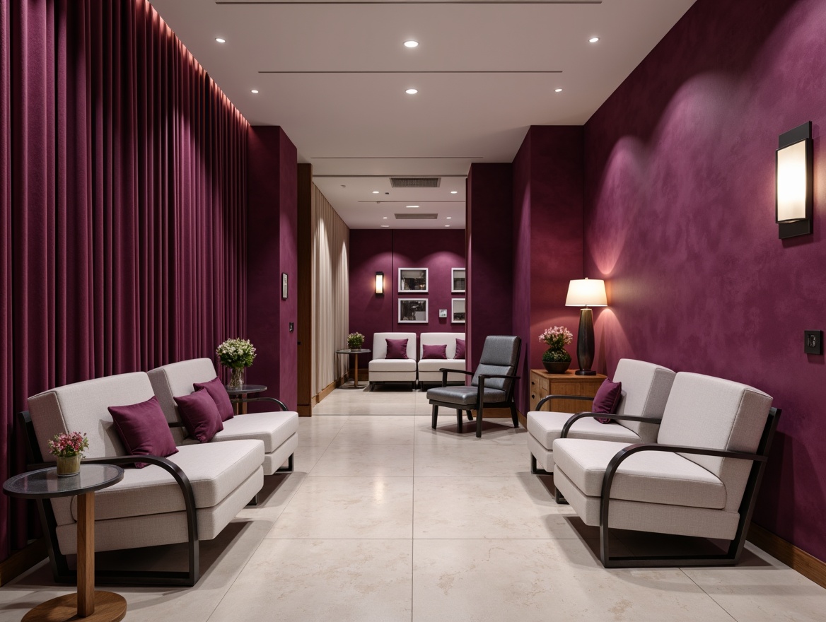 Prompt: Rich plum accent walls, luxurious velvet textures, modern clinical settings, sleek metal fixtures, high-gloss finishes, subtle sheen effects, ambient LED lighting, minimalist furniture designs, comfortable waiting areas, sophisticated medical equipment, elegant wooden accents, soft calming atmosphere, shallow depth of field, 1/1 composition, realistic reflections, subtle color gradients.