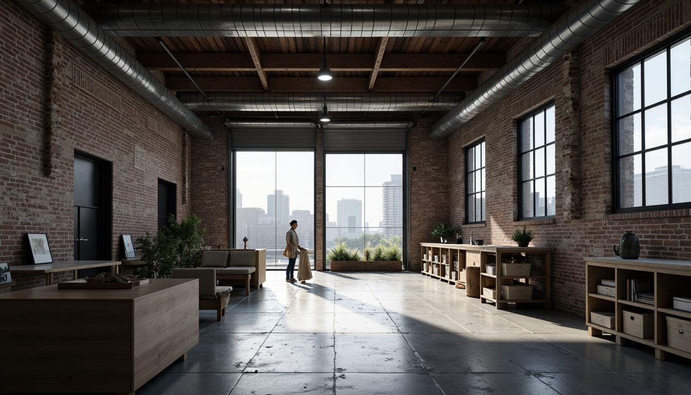 Prompt: Industrial warehouse, exposed brick walls, polished concrete floors, metal beams, reclaimed wood accents, minimalist lighting fixtures, functional shelving systems, monochromatic color scheme, abundant natural light, large windows, steel doors, urban landscape views, gritty textures, atmospheric fog effects, cinematic camera angles, 1/1 composition, softbox lighting, realistic reflections.