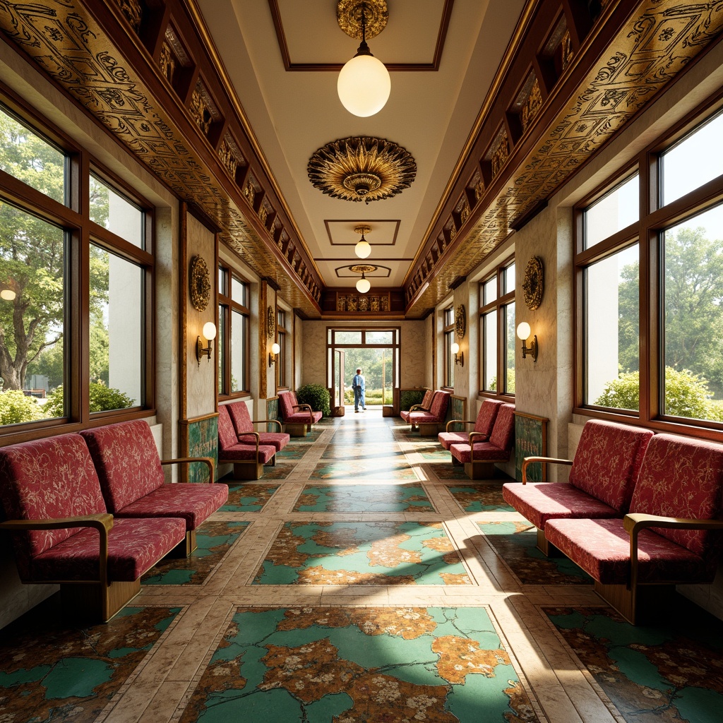 Prompt: Geometric bus station, ornate metallic accents, glossy terrazzo floors, vibrant colored glass tiles, luxurious velvet benches, intricate moldings, chrome-plated fixtures, elegant curved lines, sunburst motifs, geometric patterns, marble walls, warm golden lighting, shallow depth of field, 1/1 composition, symmetrical view, realistic reflections, ambient occlusion.