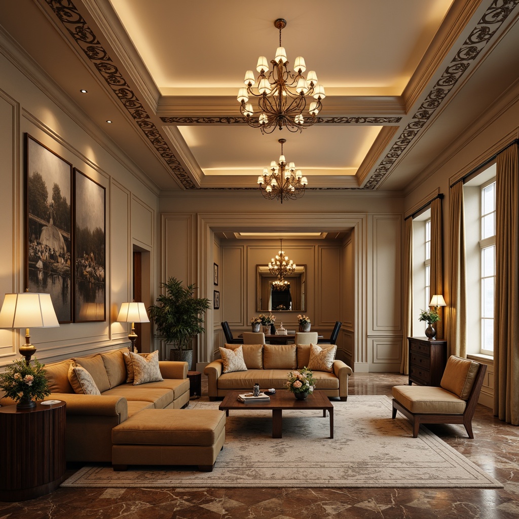 Prompt: Luxurious living room, sleek molding details, ornate ceiling designs, grand chandeliers, lavish furniture upholstery, rich wood tones, marble flooring, subtle lighting accents, warm beige walls, classic architectural styles, sophisticated color palette, refined textures, shallow depth of field, 1/1 composition, soft box lighting, atmospheric ambiance.